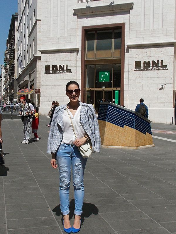 modemoiselle, fashion blogger, outfit, jeans, chic, come abbinare, scarpe blu
