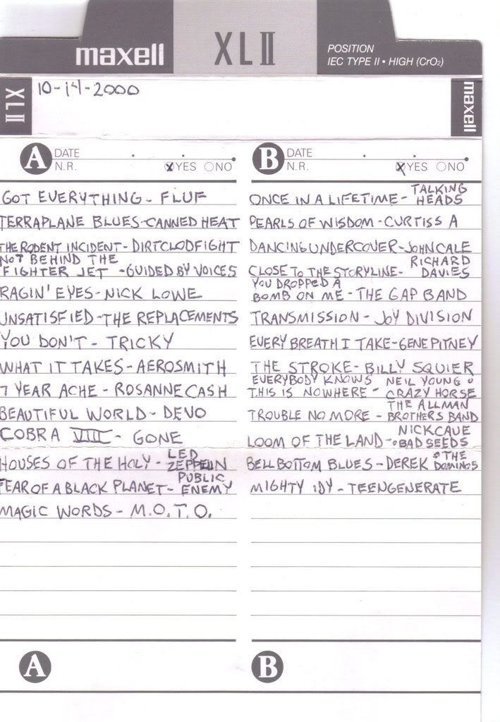 song lists from ancient mix cassettes i just pulled out of storage only putting this here because i had pulled this out recently somewhere else as how i used to use random mixes as a way to find connections